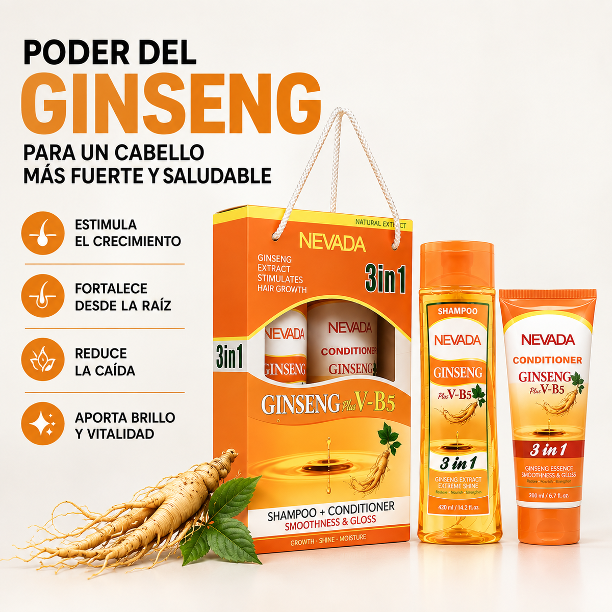 Empaque de la línea Nevada Ginseng: shampoo y acondicionador para cabello fuerte y saludable