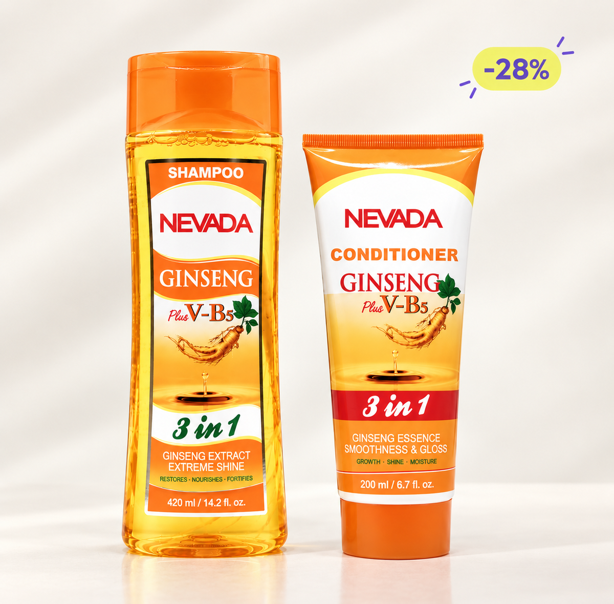 Shampoo y acondicionador solos, fondo blanco	"Shampoo y acondicionador Nevada Ginseng sobre fondo blanco